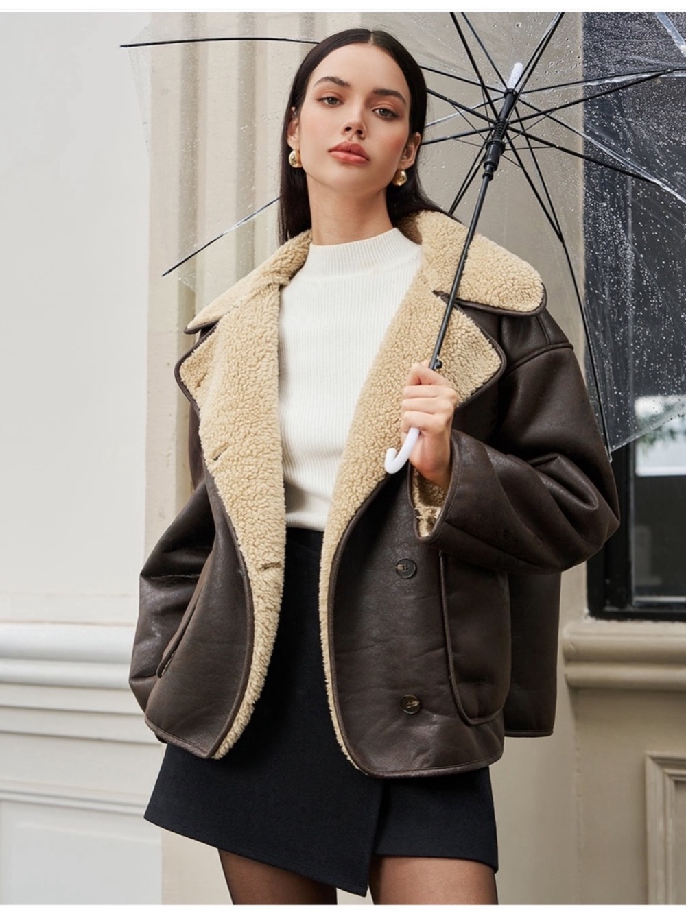 Zara Brown Faux Leather Shearling Jacket with Cream Lining